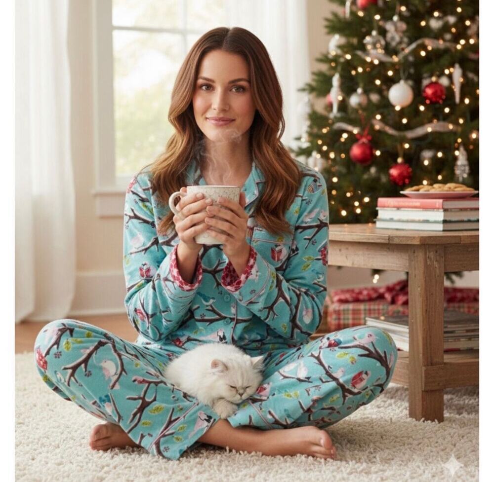 Nick & Nora Blue Red Cardinals Winter Bird Flannel Pajama Set Top Bottoms XXL